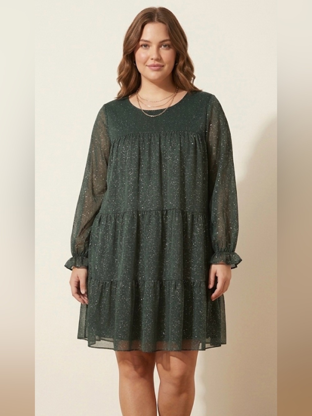 Green Sparkle Tiered Sheer Long Sleeve Dress